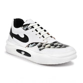 Black synthetic leather men's casual shoes on foot, lace-up flat style