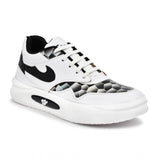 Black synthetic leather men's casual shoes on foot, lace-up flat style