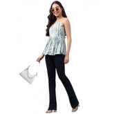 White-Green printed cotton womens casual sleeveless top on mannequin