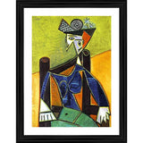 Multicolor wood framed painting of a woman sitting in an armchair, 14"x18", lightweight wall mount