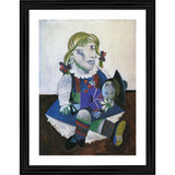 Multi-colored wood framed painting "Maya with her Doll" (14x18"), lightweight wall mountable art piece