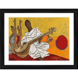 Multicolor wooden framed sitar player lady painting, lightweight for wall mount (14x18")