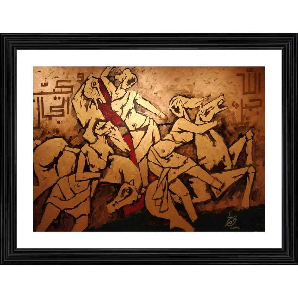 Multicolor wooden framed painting of Three Horses and the Riders with lightweight wall mount, 14"x18" size