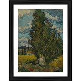 Multicolor wood-framed painting of "Cypresses and Two Women" (1890), lightweight for wall mount, 14x18 size