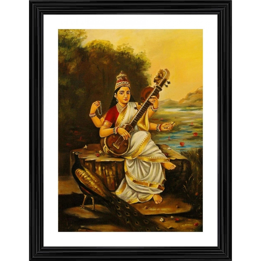 Multicolor wood-framed painting of Goddess Saraswati with sitar peacock, 14x18 inches, lightweight wall mount