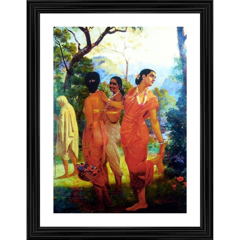 Multicolor wood-framed painting 'Shakuntala with her Companions' (1870), lightweight wall mount, 14x18 inches