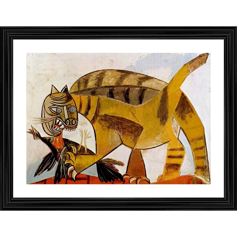 Multi-colored wood frame with Cat Devouring a Bird painting, showcasing vibrant hues on 14x18" wall mount