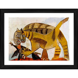 Multi-colored wood frame with Cat Devouring a Bird painting, showcasing vibrant hues on 14x18" wall mount