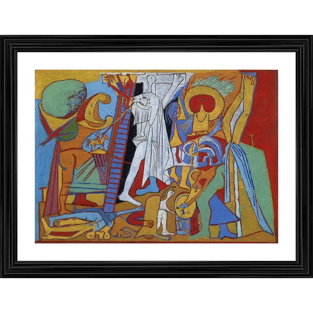 Multicolor wooden framed Crucifixion 1930 painting with lightweight wall mount, artwork depicts religious scene on display