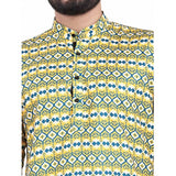 Multicolor cotton-blend printed men's full sleeve shortkurta with mandarin neck on display