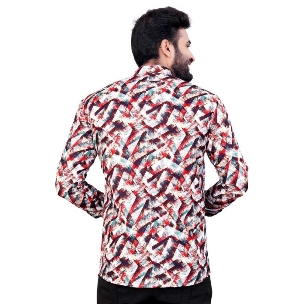 Multicolor cotton-blended printed full sleeve shortkurta with mandarin neck for men on clothing rack
