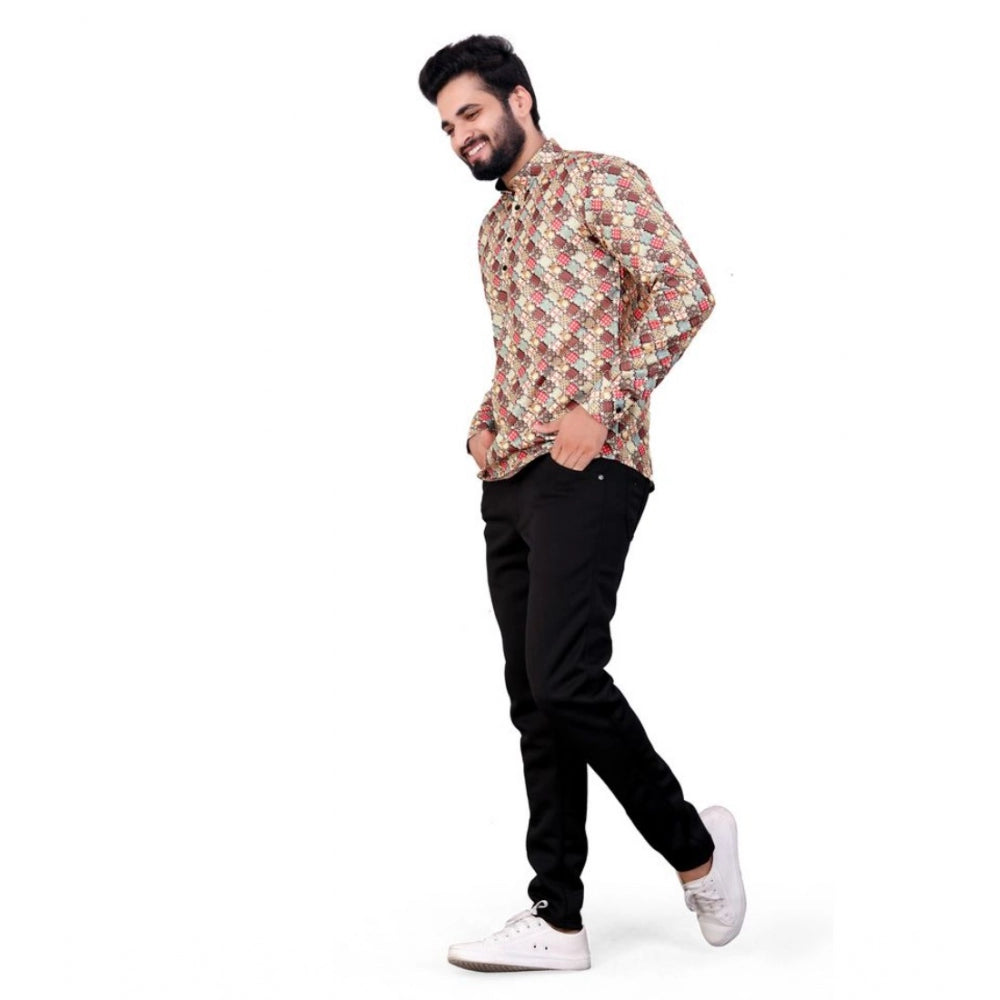 Multicolor cotton blended printed men's shortkurta with mandarin neck and full sleeves