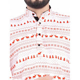 Mens cotton blended printed multicolor full sleeve shortkurta with mandarin neck on clothing rack