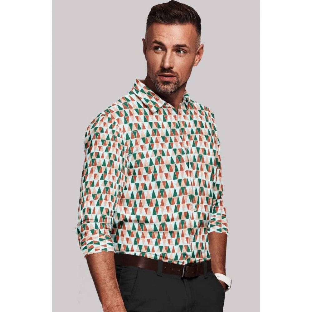 Multicolor cotton blended printed full sleeve shirt for men on model, vibrant pattern visible