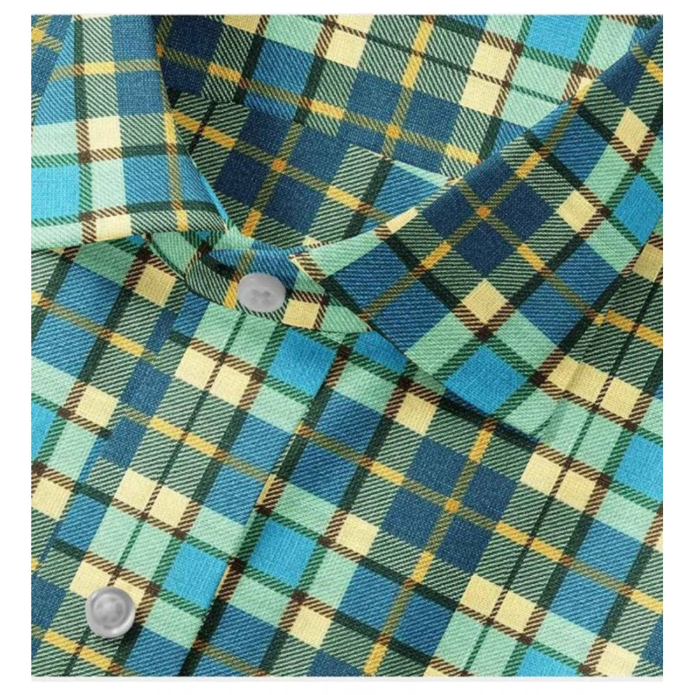 Green-Yellow cotton blended checked full sleeve men's shirt on hanger