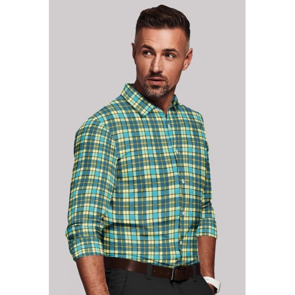 Green-Yellow cotton blended checked full sleeve shirt for men on a hanger