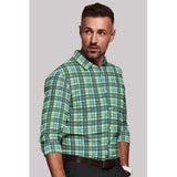 Green-Yellow cotton blended checked full sleeve shirt for men on a hanger