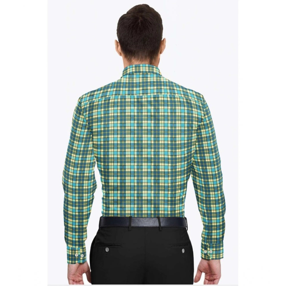 Green-Yellow cotton blended checked men's full sleeve shirt on hanger