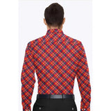 Red cotton blended checked full sleeve shirt for men on hanger