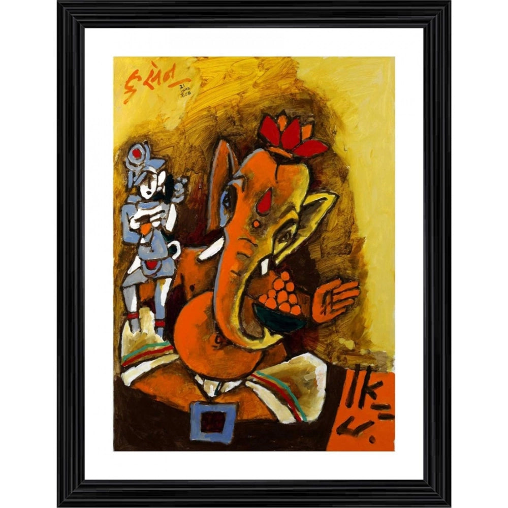 Multi-colored wood photo frame featuring Ganesha Teaches 2008 Painting, lightweight wall mount for 14"x18" artwork, slight color variation compared to images due to lighting and screen resolution differences