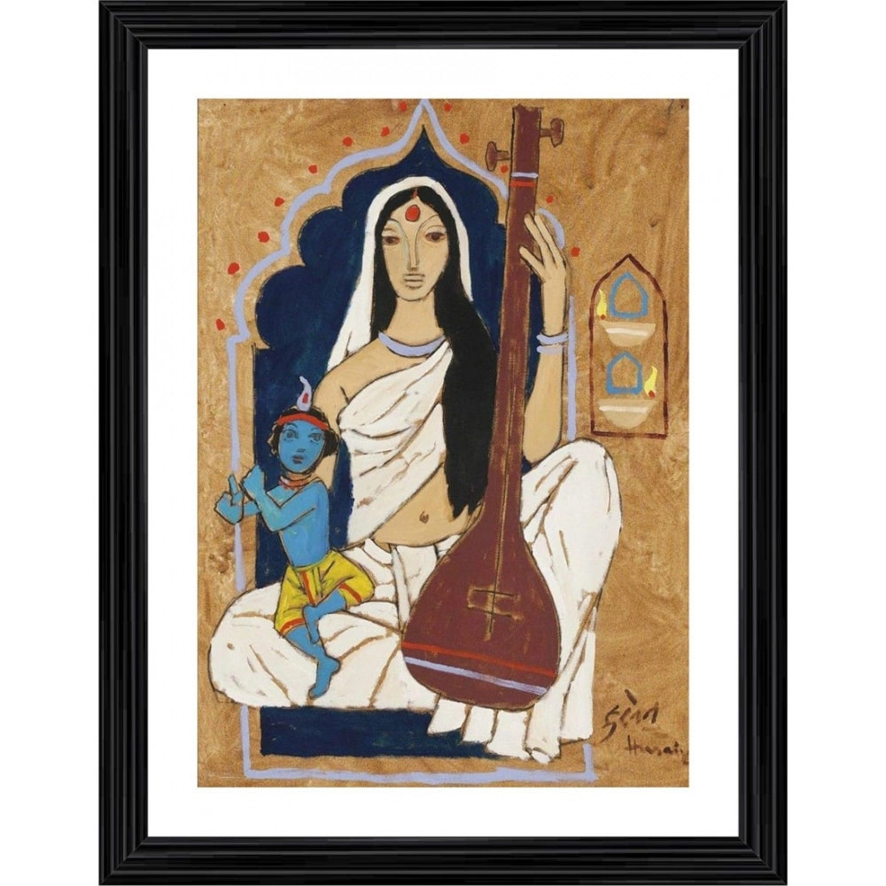 Multi-colored wooden Meerabai and Krishna painting framed art, lightweight for wall mounting (14"x18")