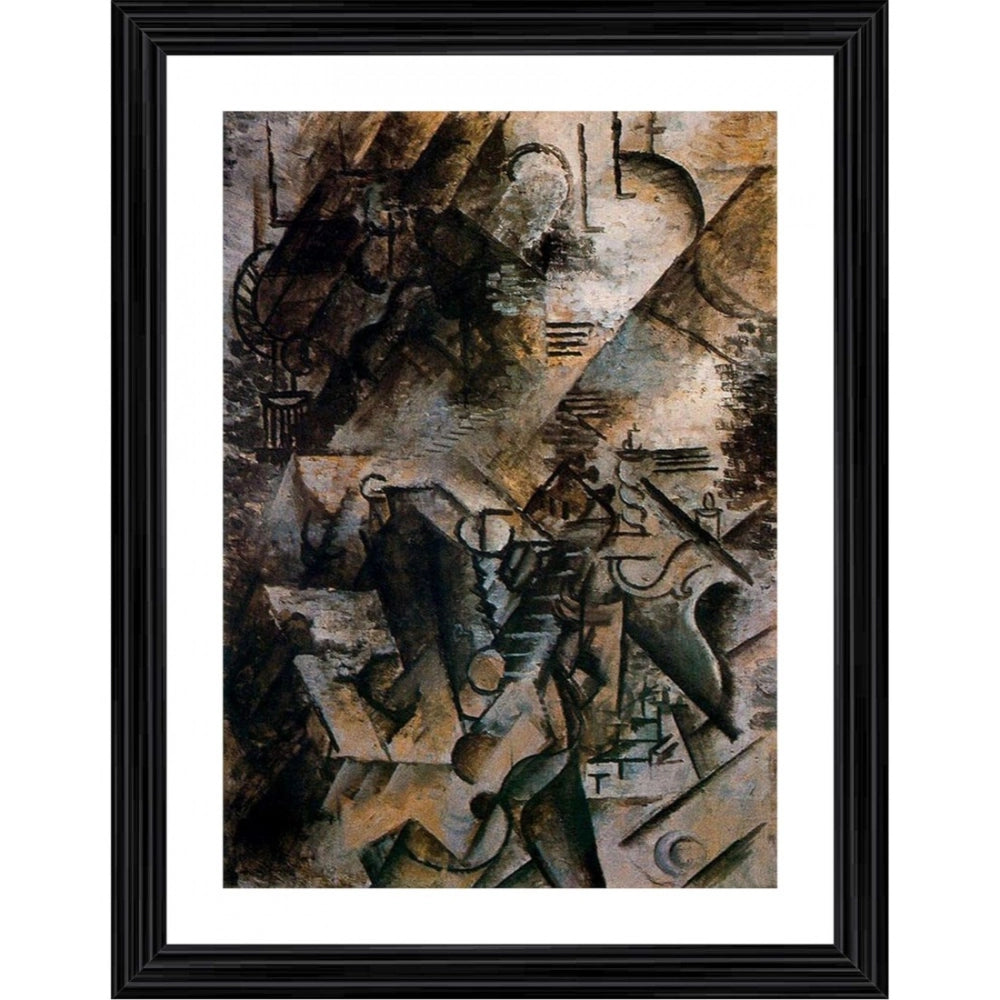 Multicolor wood-framed painting of a woman with guitar and piano (14x18"), lightweight wall mount for display