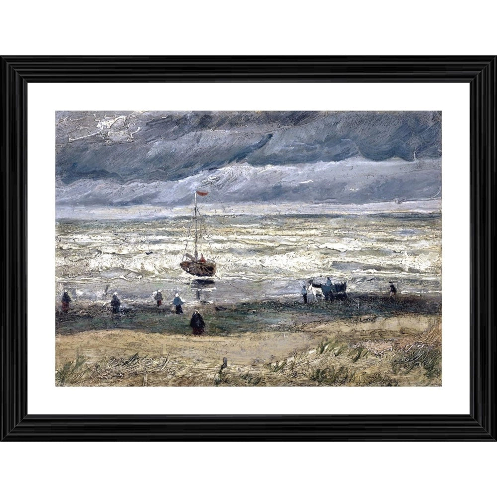 Multi-colored wood framed painting depicting Beach at Scheveningen in stormy weather (1882) - lightweight wall mount