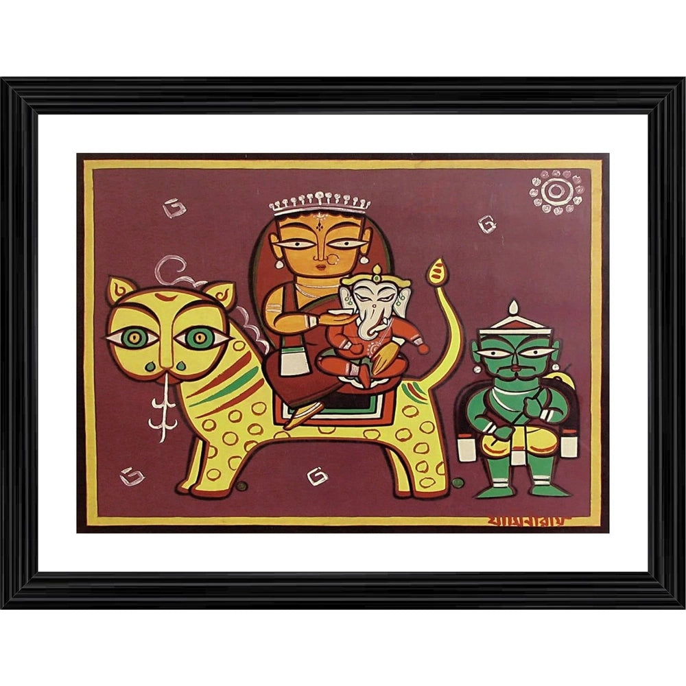 Multicolor wooden Parvati-Ganesh on Vaahan painting framed photo, lightweight for wall mounting