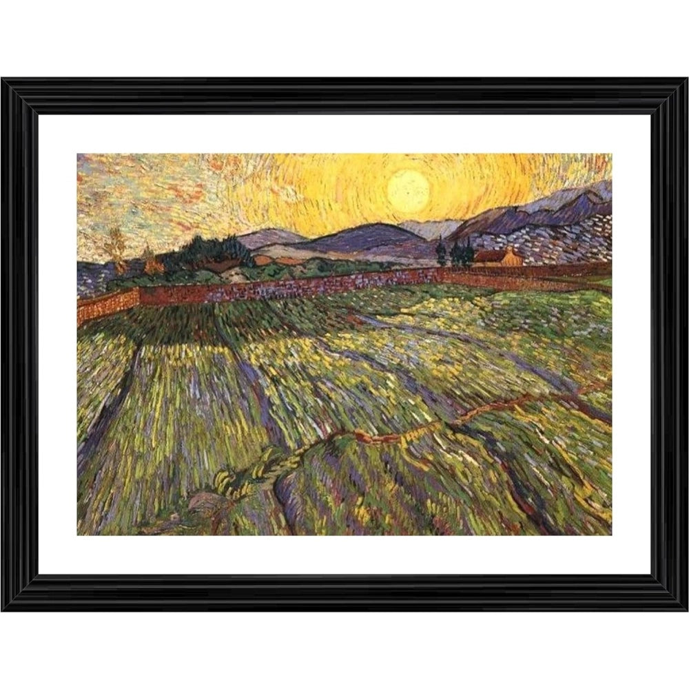 Multicolor wood-framed reproduction of Van Gogh's Wheat Field with Rising Sun, lightweight wall mount for home decor