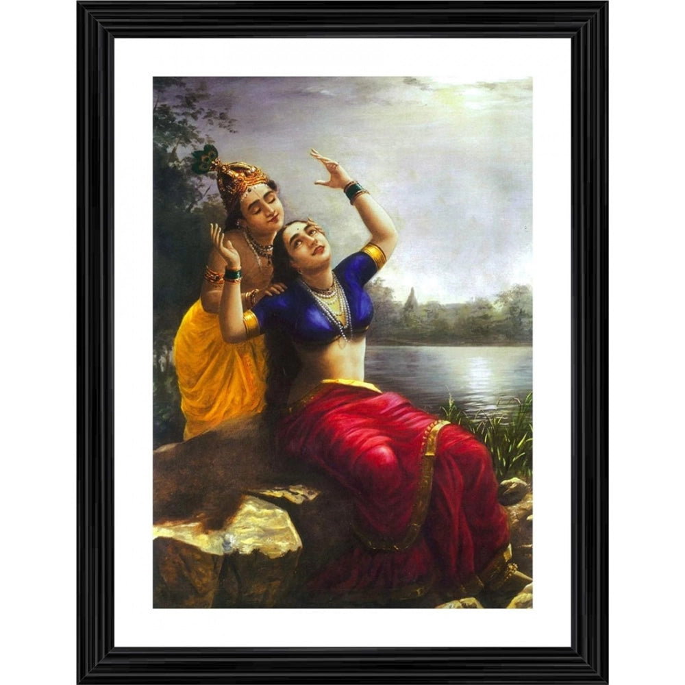 Multicolor wooden framed painting of Radha & Madhav Krishna, lightweight for wall mount (14"x18")