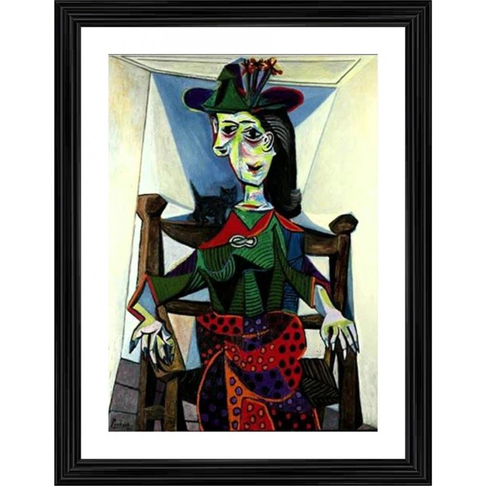 Multicolor wood framed painting of a woman with flowered hat (14"x18"), lightweight for wall mount