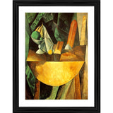 Multicolor wood-framed painting of Bread and Fruit Dish on a Table (1909), lightweight for wall mounting, 14"x18" size