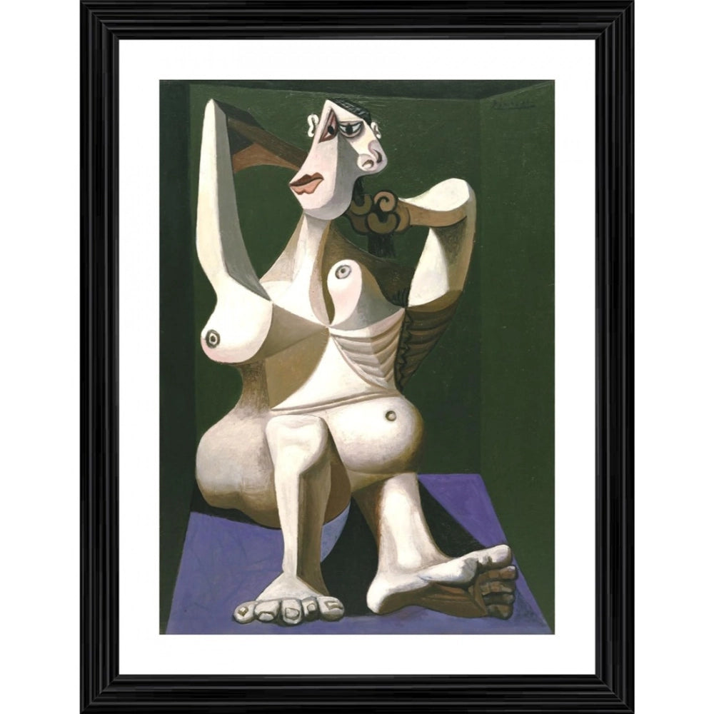 Multicolor wood framed painting "Woman Dressing Her Hair 1940" - Wall mountable lightweight art piece, 14x18 inches