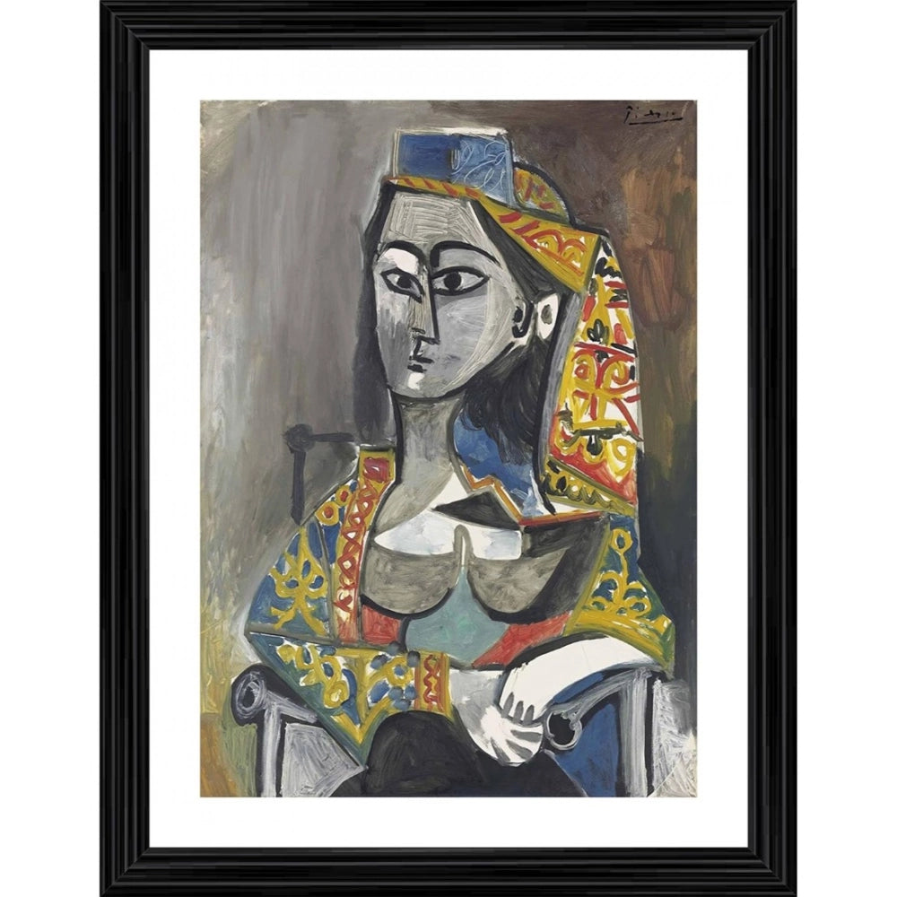 Multicolor 1955 Turkish costume painting on lightweight wood frame (14x18") - Woman seated in chair