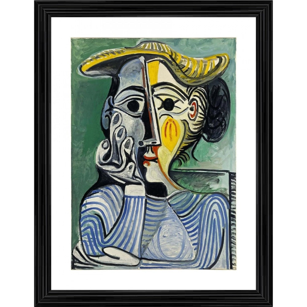 Multicolor wood framed painting of Woman with Yellow Hat (1962) on wall-mounted lightweight frame, size 14"x18