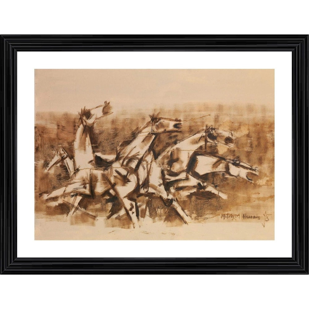 Multicolor wood framed photo frame featuring Four Horses and the Battle Painting, lightweight for wall mounting (14x18")