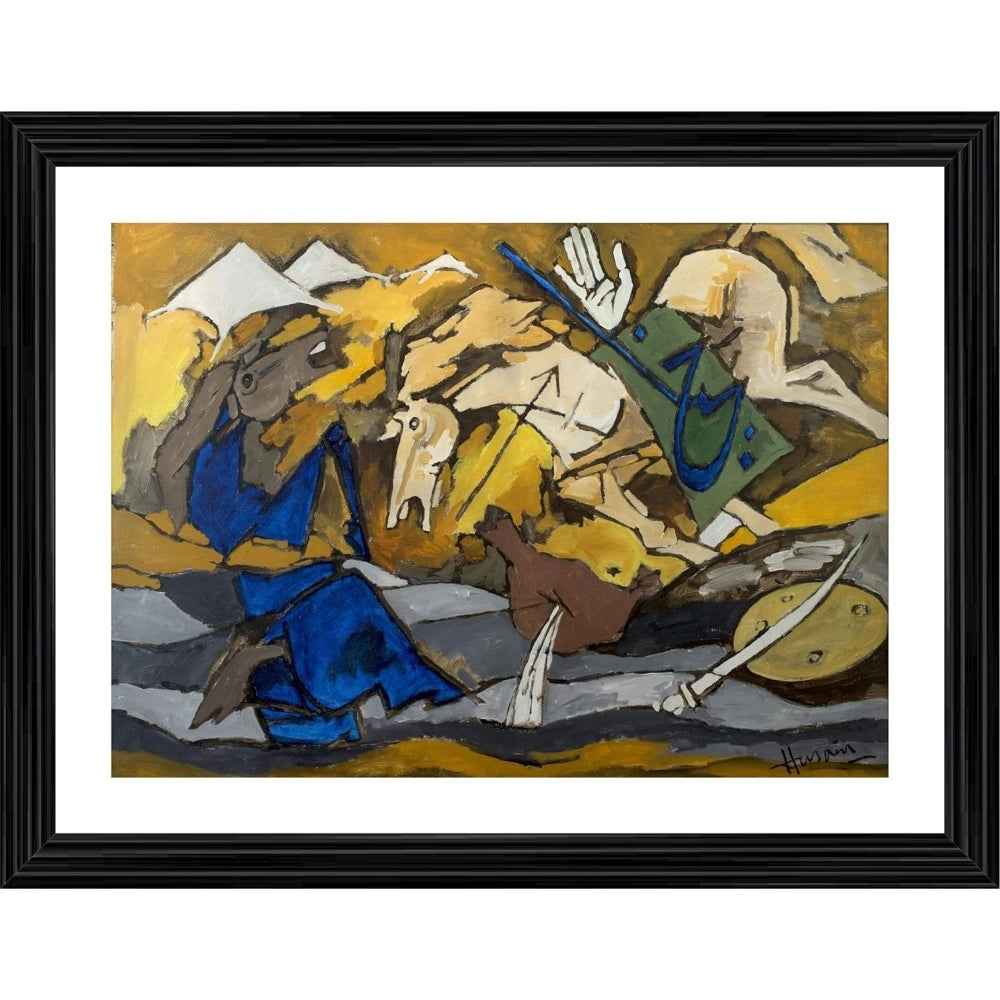 Multi-colored horses in battle painting with wood frame, lightweight wall mount (14"x18")