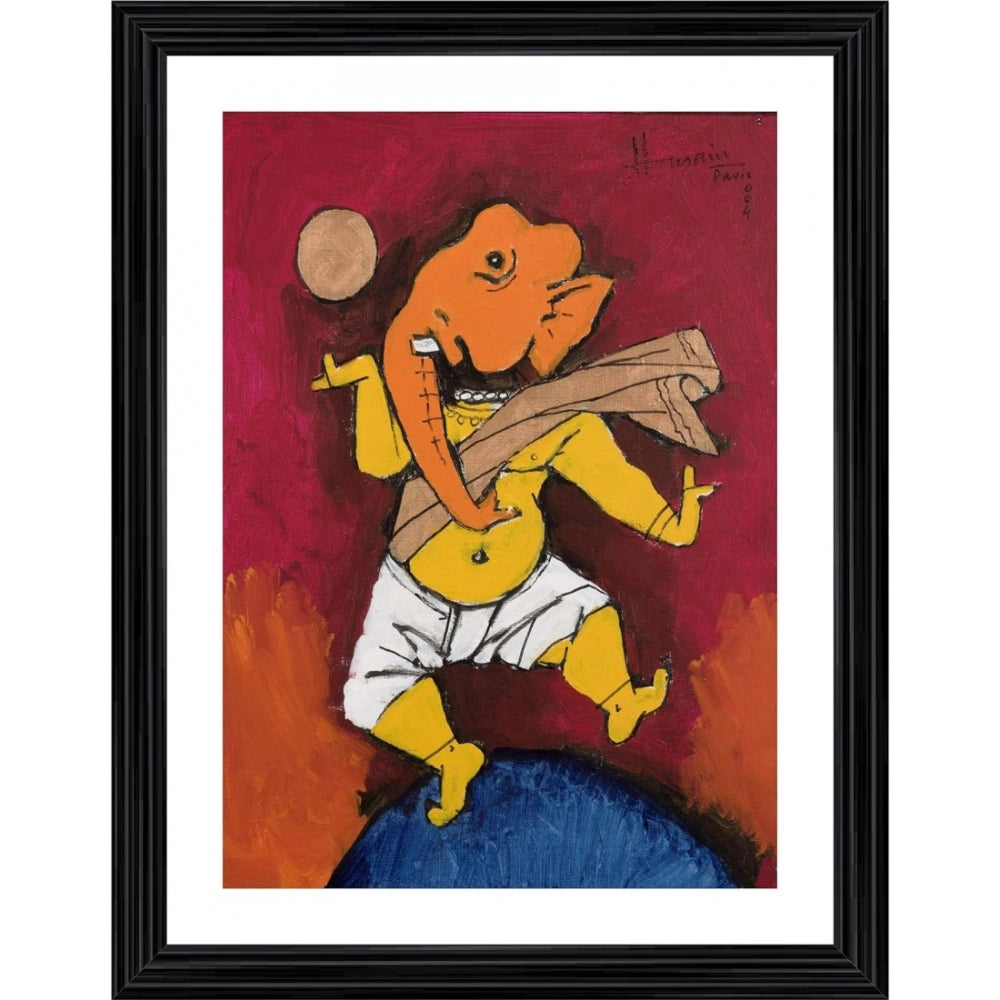 Multicolor wood framed Ganesh and moon painting, lightweight wall mount (14x18 inches)