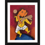Multicolor wood framed Ganesh and moon painting, lightweight wall mount (14x18 inches)