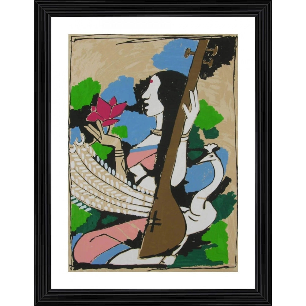 Multicolor wooden framed Goddess Saraswati painting with lightweight wall mount, 14x18 inches