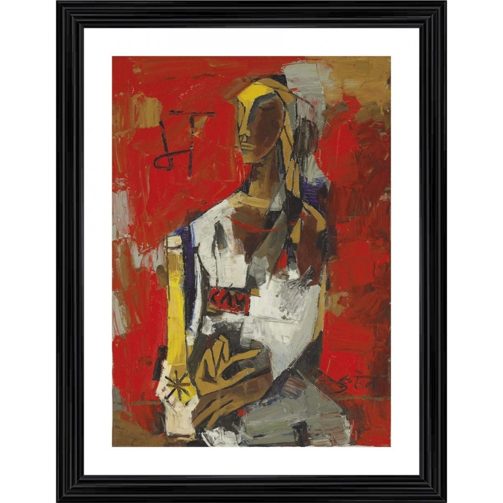 Multi-colored wood frame showcasing a replica of the Woman in Red 1964 painting, lightweight for wall mounting (14"x18")