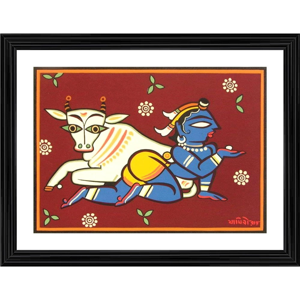 Multicolor wood-framed Bal Krishna & cow painting with lightweight wall mount