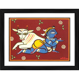 Multicolor wood-framed Bal Krishna & cow painting with lightweight wall mount