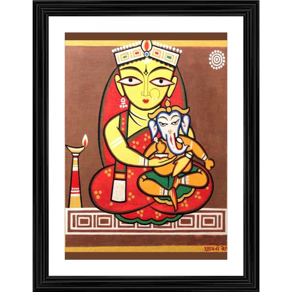 Multicolor wooden Ganesh-Parvati painting with lightweight wall mount frame (14x18)