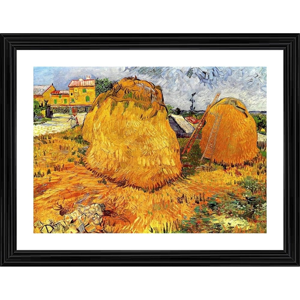 Multicolor wood framed painting of Haystacks in Provence 1888, lightweight for wall mounting