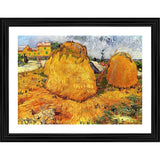 Multicolor wood framed painting of Haystacks in Provence 1888, lightweight for wall mounting