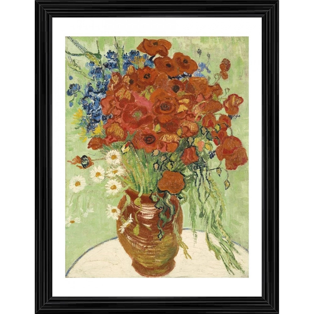 Multi-colored framed painting of Vase with Cornflowers and Poppies (1887) on wood, lightweight wall mount