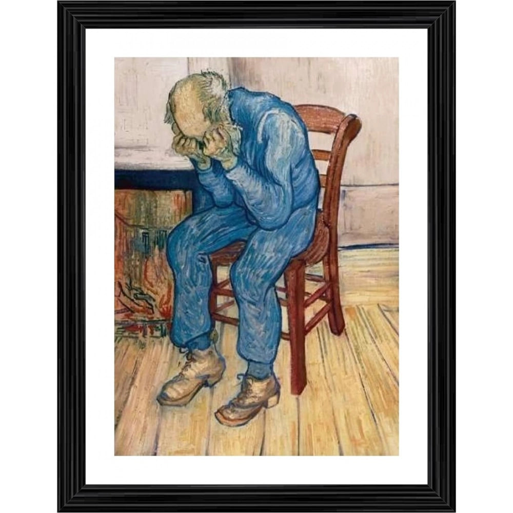 Multicolor wood framed painting "Worn Out Old Man in Sorrow" (1982), lightweight wall mount, 14x18 inches