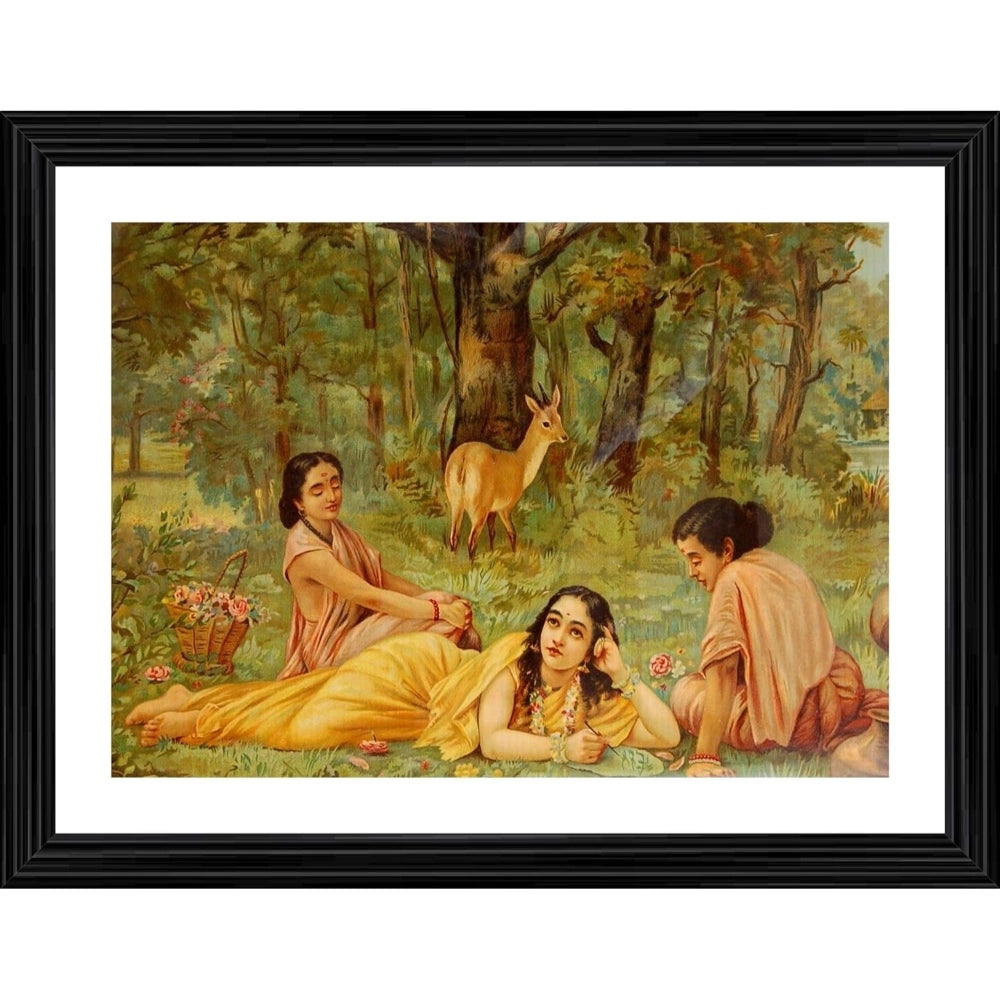 Multicolor wooden framed painting of Shakuntala writing a letter to Dushyant (1876) for wall mount, lightweight design