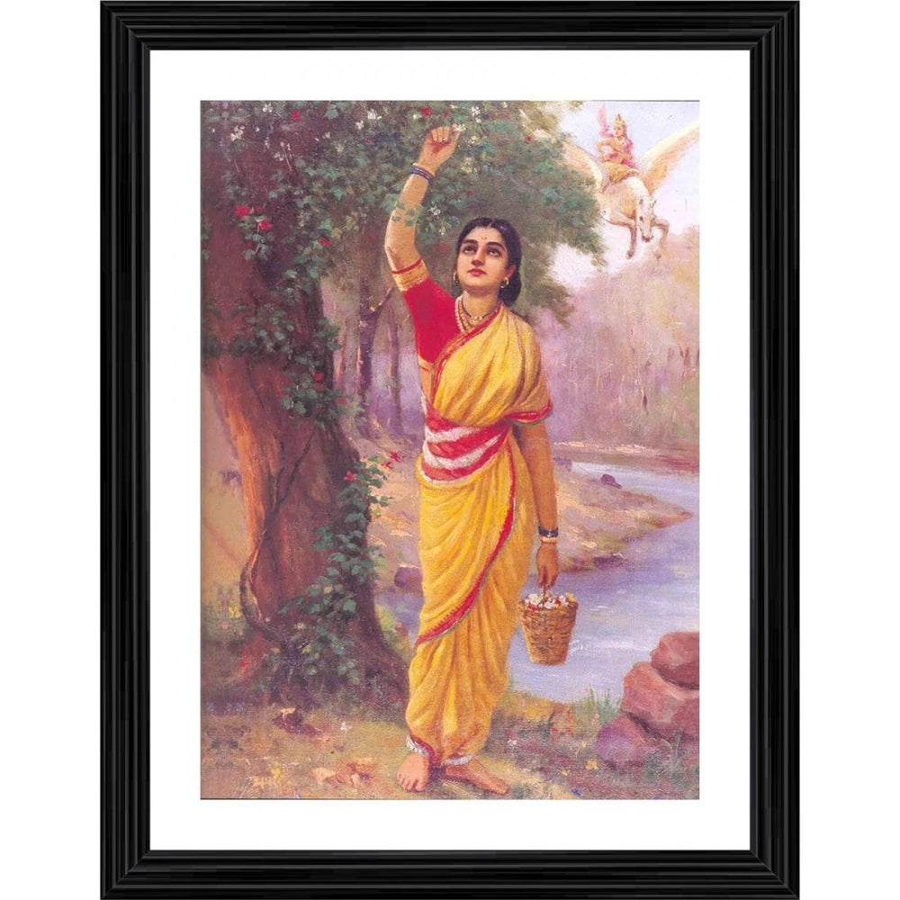 Multicolor wooden framed painting "Ahalya in Upvan 1900" with lightweight wall mount, 14"x18" size